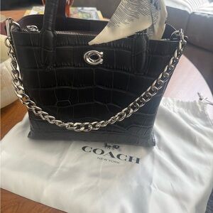 Coach Black Croc-Embossed Shoulder Bag with Silver Chain